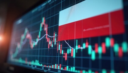 Polish economy stock market data displayed with national flag overlay. Candlestick charts show financial fluctuations, trading activity. Digital graph illustrates economic growth decline,