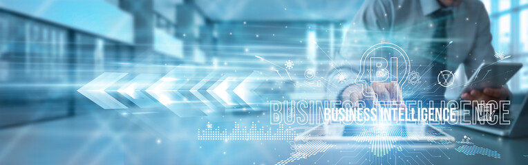 BI analyst using a tablet analyzing business intelligence dashboards, KPIs predictive analytics decision-making visualization automation innovation transformation global corporate strategy.