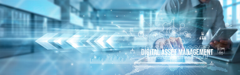 Digital strategist using a tablet analyzing digital asset management systems, metadata workflows...