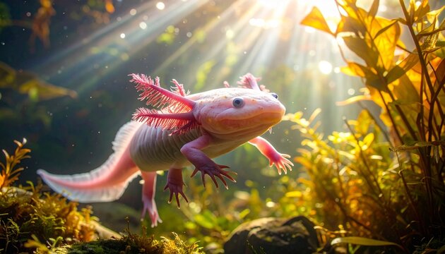 Realistic axolotl swimming gracefully in clear freshwater with sunlight rays