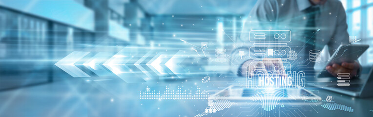 An IT specialist using a tablet analyzes hosting infrastructure cloud servers, uptime monitoring scalability, security automation, innovation, web services performance platforms, and more. © HM