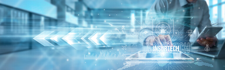 Insurance technologists using tablets analyze InsurTech innovation data underwriting, claims...