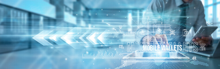 A fintech specialist using a tablet analyzes mobile wallet transactions, authentication encryption, digital payments gateways innovation automation security integration transformation financial.