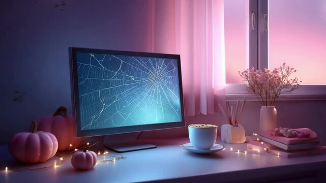 Cozy halloween themed desk with computer monitor showing a spider web and small pink pumpkins decorated with string lights. All Hallows Eve, Samhain