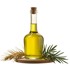 Fototapeta premium Golden wheat oil in glass bottle with natural elements on rustic wood base transparent background