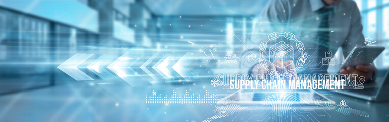 A logistics manager using a tablet analyzes supply chain management data inventory tracking, procurement optimization automation visibility transformation collaboration forecasting integration.