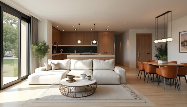 Spacious open-plan living, dining area with contemporary furniture. Natural light fills room, creating clean, cozy, inviting atmosphere. Features modern kitchen in background, elegant dining table - Powered by Adobe