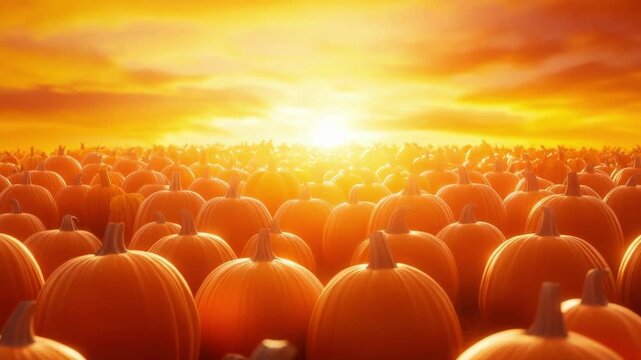 A large pumpkin patch field with many ripe orange pumpkins under a beautiful bright orange sunset. Scene for Autumn harvest celebration. All Hallows Eve, Samhain