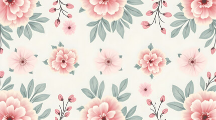Obraz premium Floral Pattern with Pink Flowers and Green Leaves Design