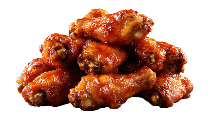 Mouthwatering pile of golden brown chicken wings with vibrant glaze isolated on transparent background.