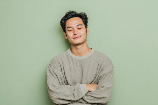 Peaceful portrait of a young man with eyes closed, soft background and relaxed posture expressing calmness, balance, mindfulness and inner peace