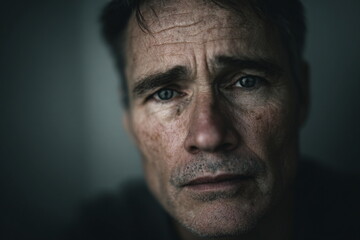 Fototapeta premium Dramatic close up portrait of a mature man with intense gaze, detailed skin texture and raw expression conveying strength, experience and inner tension