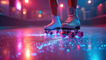 Roller skater glides on floor with glowing sparkle trail. Neon pink and blue lights create magical effect. Dynamic motion captured in closeup, conveying speed, fun, and vibrant energy.