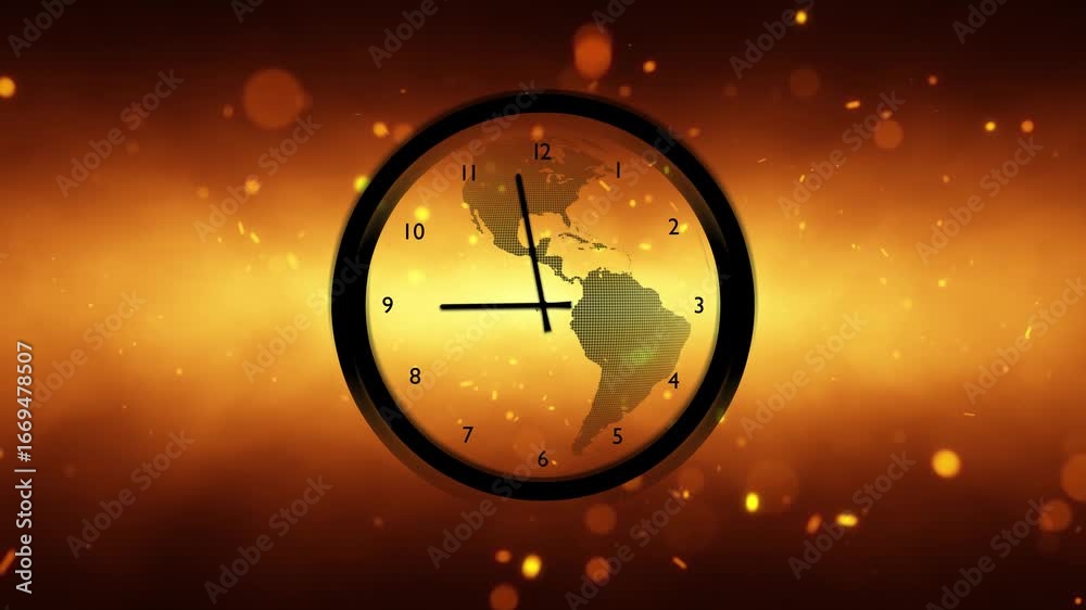 Wall mural rounded analog time clock with world map on artistic fire flames loop motion with sparks background.