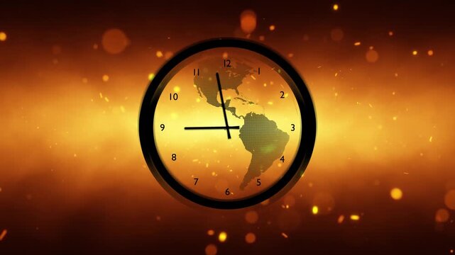 Rounded analog time clock with world map on artistic fire flames loop motion with sparks background.