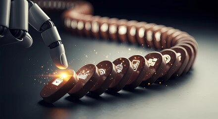 robot hand pushing business icon domino chain reaction