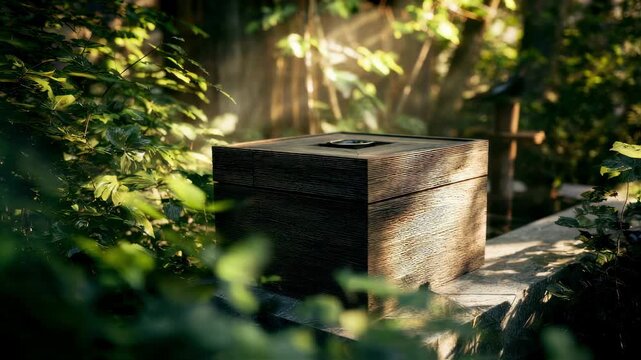 Focused medium shot on the handcrafted wood exterior of a meditation sanctuary cube with foliage and retreat elements softly out of focus promoting tranquility and EMF noise