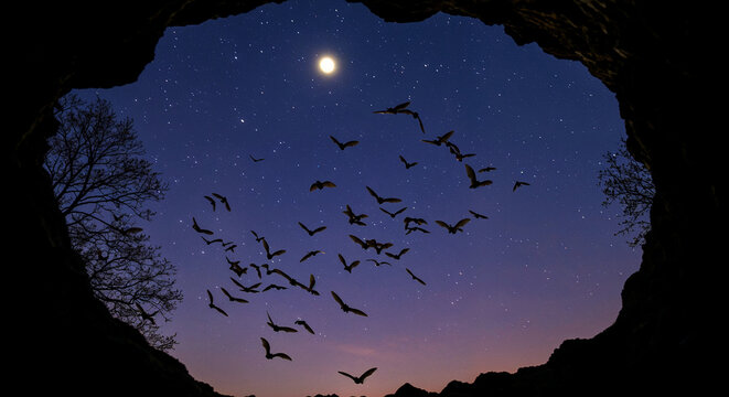 Night Time Bats in a Cave Entrance - Powered by Adobe