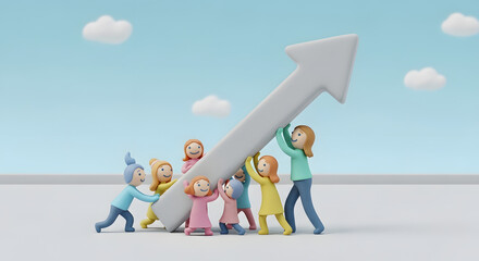 Colorful figures collaboratively push a large upward arrow, symbolizing teamwork and growth.