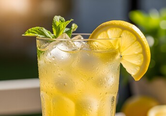 Refreshing Lemonade with Ice and Mint Garnish on a Sunny Day