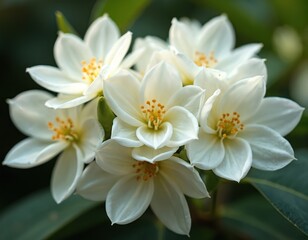Obraz premium Closeup of white jasmine flowers blooming. Delicate petals, yellow stamen. Soft green background. Pure, serene, fresh botanical beauty. Ideal for spring or summer garden themes. Delicate floral.