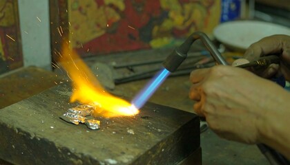Close-up of hands using a torch to melt metal on a wooden surface