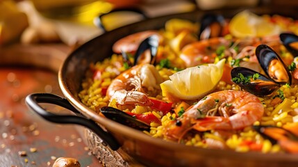 Golden paella in black ceramic pan with saffron, evoking Spanish culinary tradition and autumn flavors.