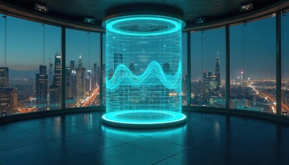 Future city skyline at night with glowing blue technology interface screens, skyscrapers. Central holographic display shows data wave, progress, smart urban development. Scene combines advanced tech