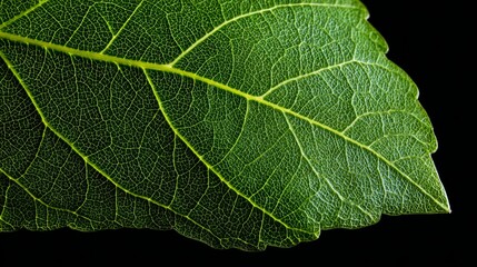 Fototapeta premium Close-up of green leaf edge and veins isolated on black background with sharp focus and intricate details, macro nature photography.