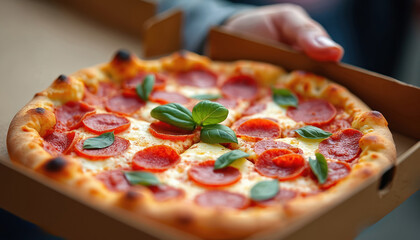 Delicious pepperoni pizza with basil in takeaway box. Hot, savoury Italian meal perfect for National Pizza Day celebration, fast delivery, party share, street food, or a picnic.