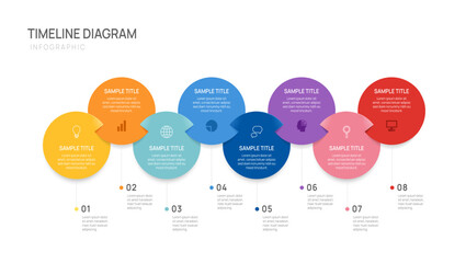 Business infographic timeline design template 8 Steps. Business milestone and strategy presentation. Vector illustration.