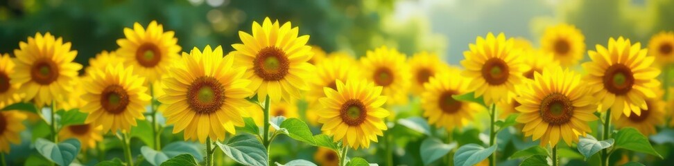 Obraz premium Numerous sunflowers in full bloom, sunny day, green foliage, heads, sunflowers, texture