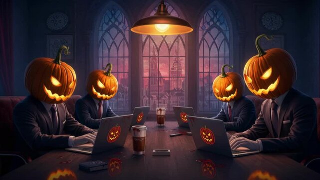 Four men with jack o lantern heads in suits working on laptops at a long table during a spooky Halloween business meeting.