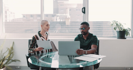 Business, people and paperwork with laptop in office for planning, finance report and budget...