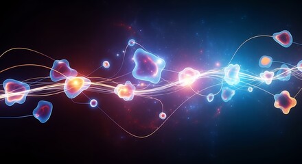 Abstract glowing molecules connected by light trails on a dark background, concept for science research, data visualization and medical technology