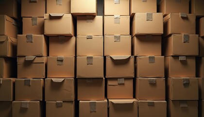 Wall of stacked brown cardboard boxes ready for storage, shipping, delivery. Corrugated paper material forms uniform pile for logistics, cargo transport. Securely packed parcels organized for