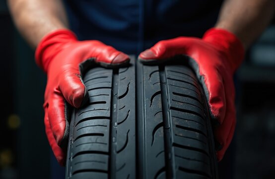 Mechanic hands in red gloves hold new car tire. Close-up on rubber tread pattern of auto wheel. Tire service technician inspects vehicle tire at auto repair shop.