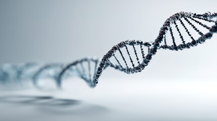 A DNA strand hovering above a white surface, with clearly defined base pairs and gentle shadows, futuristic scientific style, isolated object composition