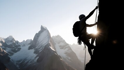 Silhouette of a climber ascending a mountain peak during sunrise.