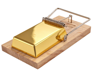 Single Gold Bar Placed on Wooden Mousetrap, Angled Perspective, Transparent Background