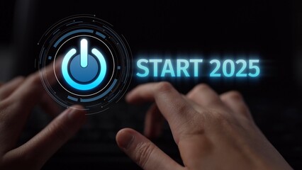 Start 2025 concept with futuristic power button symbolizing fresh beginnings, innovation, and digital transformation. Start 2025, new goals, and start 2025 initiative. Muxer