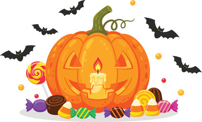 Halloween illustration featuring jack‑o’‑lantern, bats, and candy for spooky, festive, and seasonal design projects in holiday celebration themes