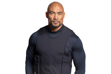 Fototapeta premium Strong male bodyguard wearing bulletproof vest, isolated on white background