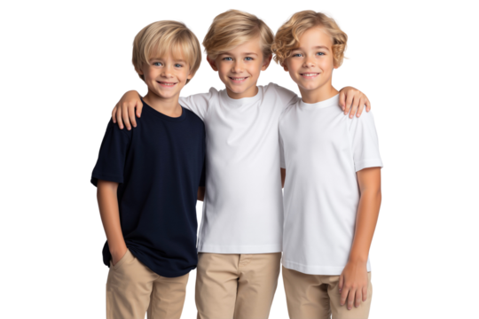 Three happy boys hugging and smiling together, isolated on transparent background