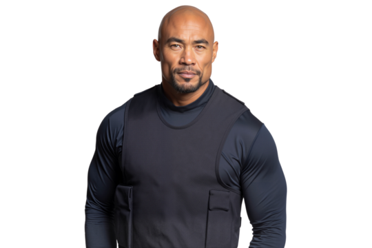 Strong male bodyguard wearing bulletproof vest, isolated on white background
