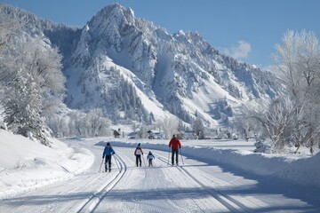 Family group enjoys cross country skiing together on a sunny winter day surrounded by majestic mountains and snow-covered trees