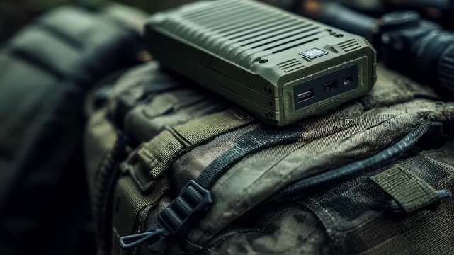 Focused medium shot on a graphenebased supercapacitor battery locking into a tactical charger module outdoors highlighting the battery texture while charging gear fades softly in