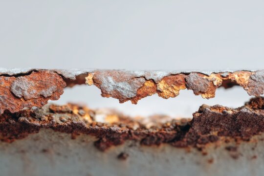 usted metal sheet extreme close-up with peeling layers, textured corroded surface, industrial decay, vintage material, engineering report, machinery restoration, packaging design