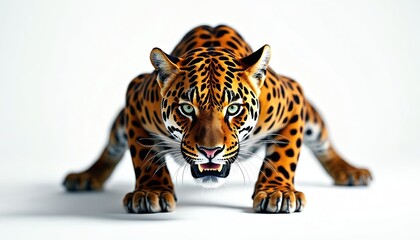 Fototapeta premium Fierce jaguar crouches low, muscles tense, ready to pounce. Isolated on white background, powerful predator displays raw ferocity, agility, stealth. Spotted coat, intense gaze capture of wild nature,
