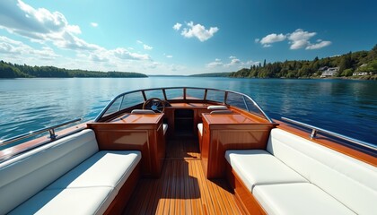 Polished wooden boat interior with plush white seating. Navigational wheel ready for smooth sailing on serene blue water under bright sunlight. Relaxing summer vacation cruise on calm lake.